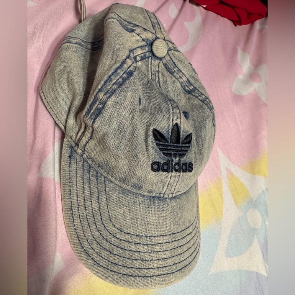 Adidas denim wash color slide back embroidered hat.